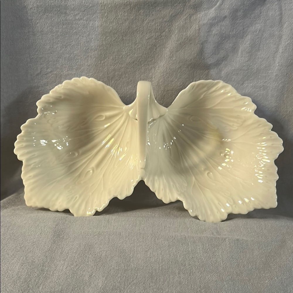 Lenox Double Leaf-Shaped Candy or Nut Ceramic Dish with Handle. Made in USA